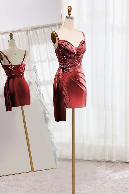 Glamorous Sheath Sweetheart-Neck Sequin-Embellished Satin Asymmetric-Hem Mini Evening Dress