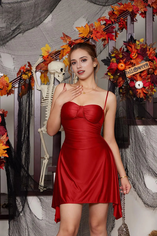 Glamorous Sheath Sweetheart-Neck Spaghetti-Strap Satin Asymmetric-Hem Mini Evening Dress