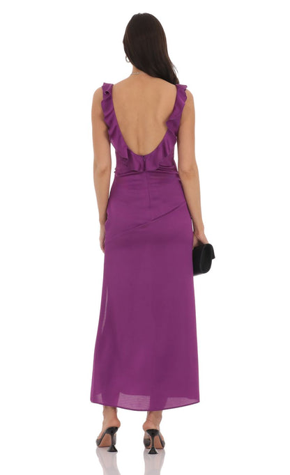 Glamorous Sheath V-Neck Sleeveless Ruffled Open-Back Magenta Satin Midi-Length Prom Dresses