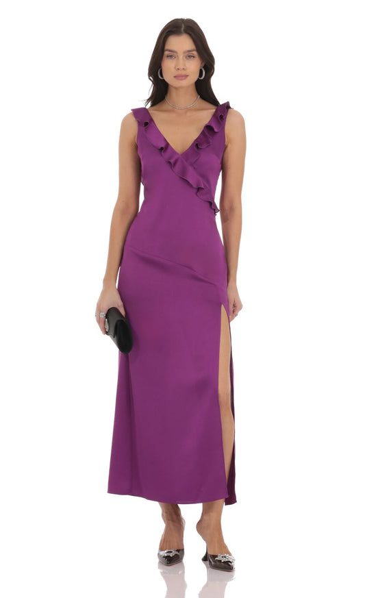 Glamorous Sheath V-Neck Sleeveless Ruffled Open-Back Magenta Satin Midi-Length Prom Dresses