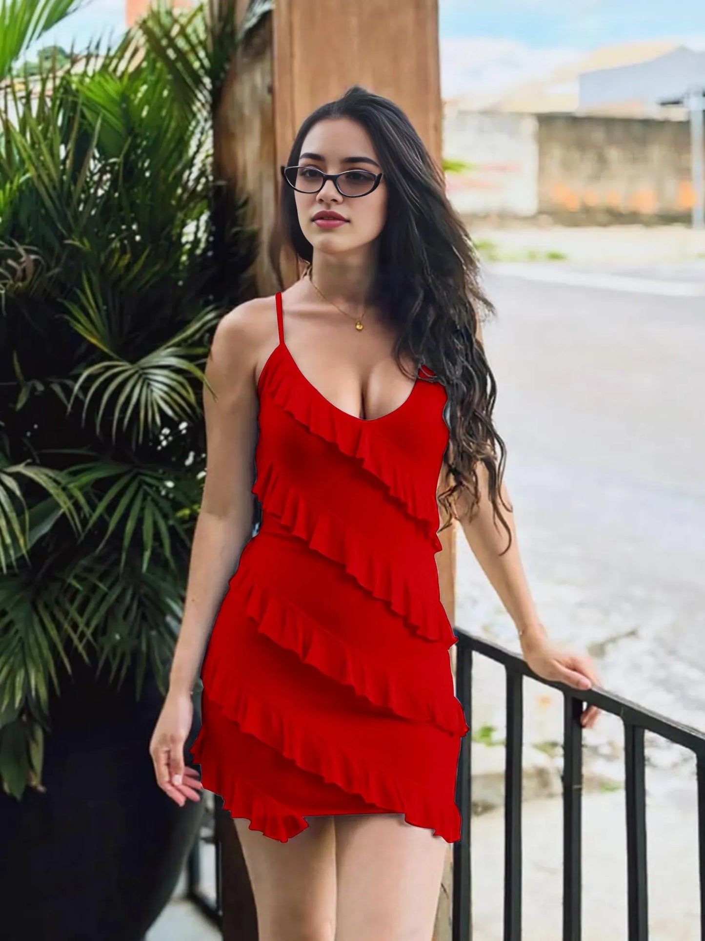 Glamorous Sheath V-Neck Spaghetti-Strap Ruffled-Asymmetric-Hem Mini Evening Dress
