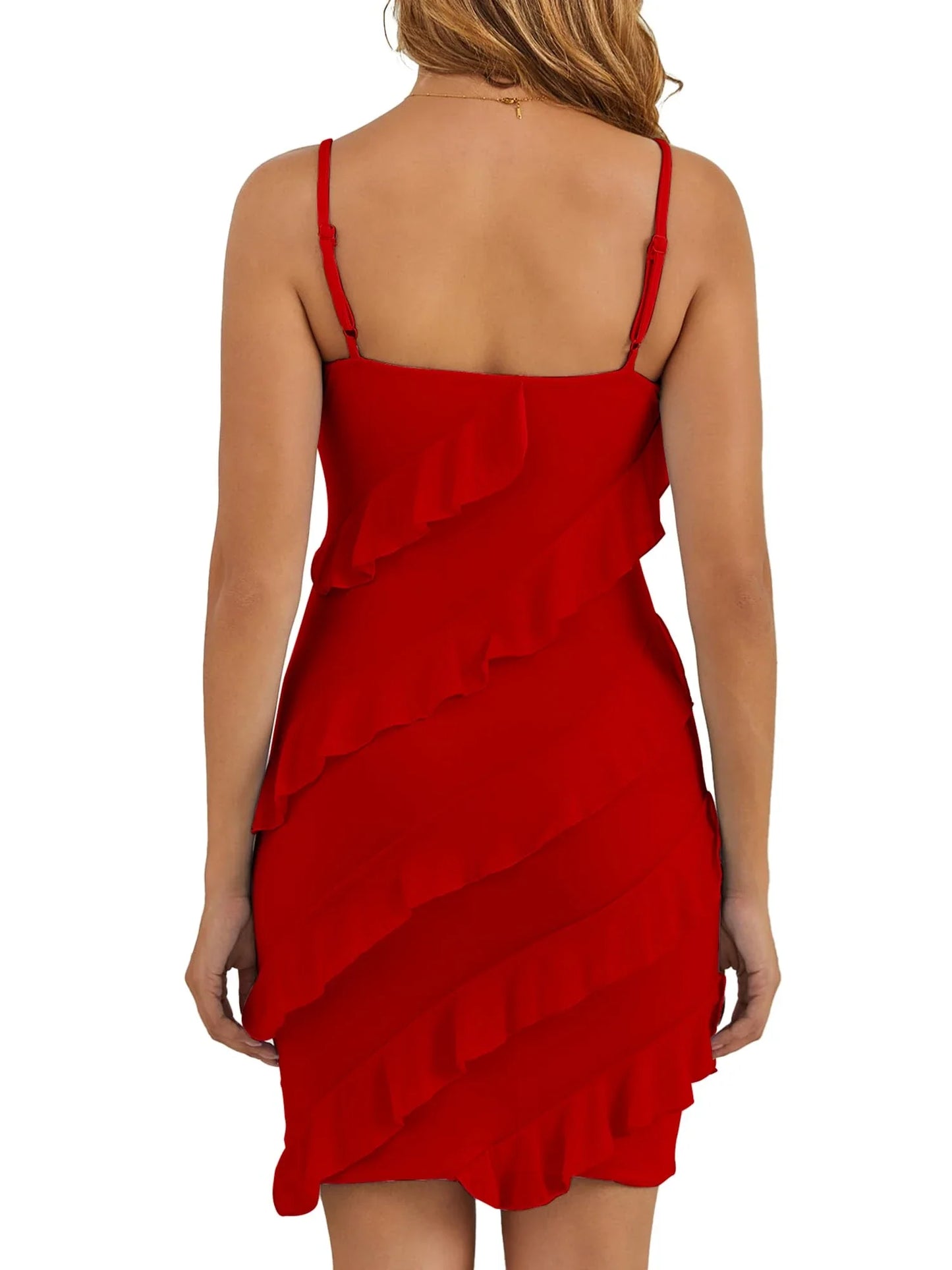 Glamorous Sheath V-Neck Spaghetti-Strap Ruffled-Asymmetric-Hem Mini Evening Dress
