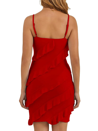 Glamorous Sheath V-Neck Spaghetti-Strap Ruffled-Asymmetric-Hem Mini Evening Dress
