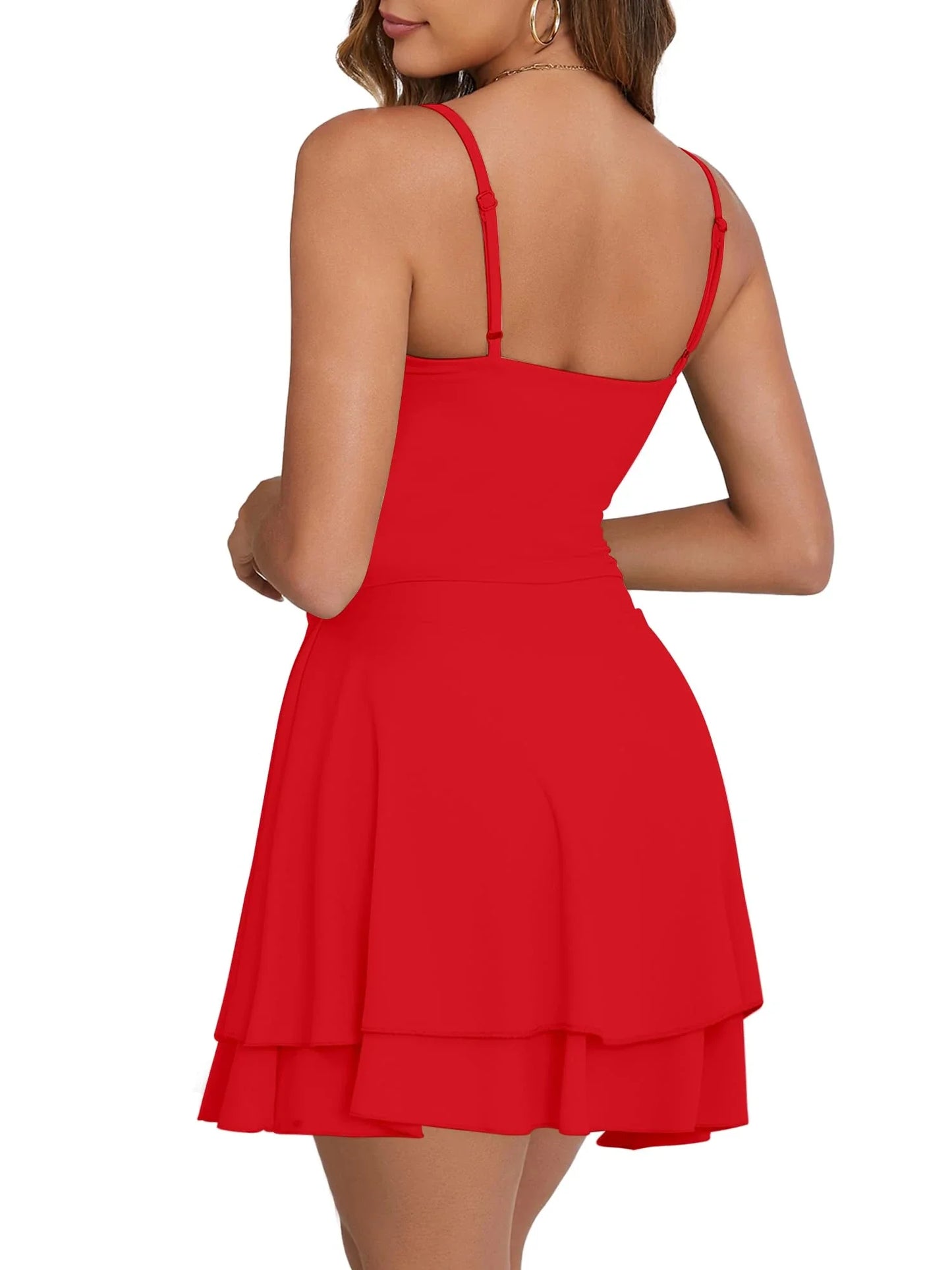 Glamorous Spaghetti Strap Backless Deep V-Neck Tiered Ruffle Mini Party Dress