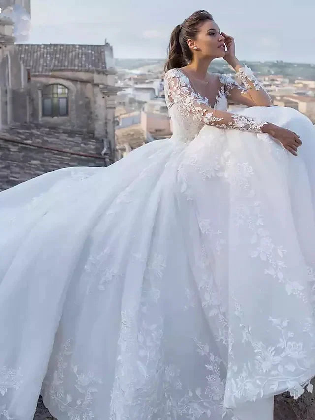 Close-up of the V-neck bodice and long illusion sleeves with intricate lace appliques and subtle sparkle.