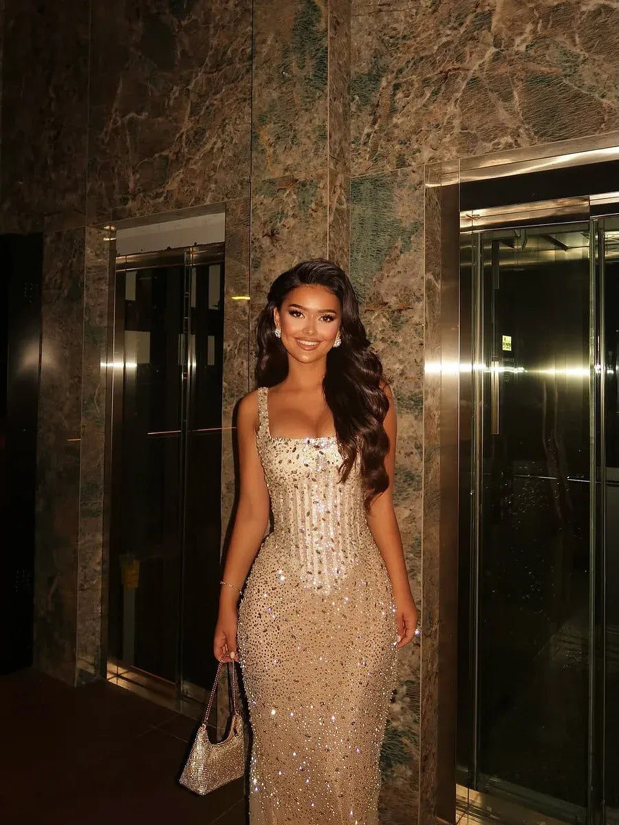 Glamorous Square Neck Sequin Beaded Lace-Up Back Mermaid Maxi Dress with Train