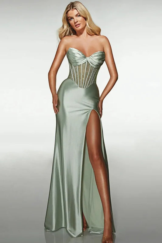 Glamorous Strapless Beaded Corset Satin Mermaid Maxi Dress