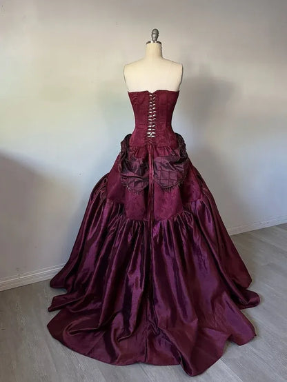 Glamorous Strapless Corset Bustle Satin A-Line Wedding Gown with Beading