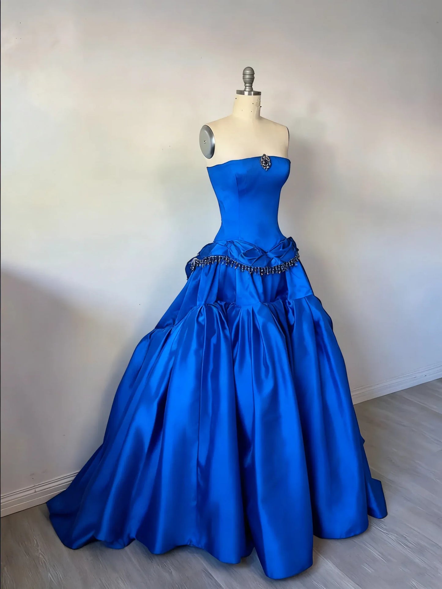 Glamorous Strapless Corset Bustle Satin A-Line Wedding Gown with Beading