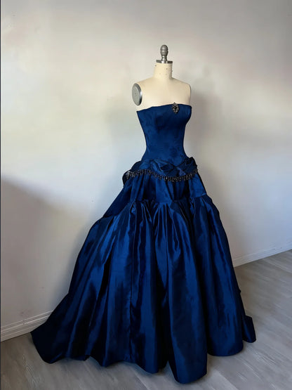Glamorous Strapless Corset Bustle Satin A-Line Wedding Gown with Beading