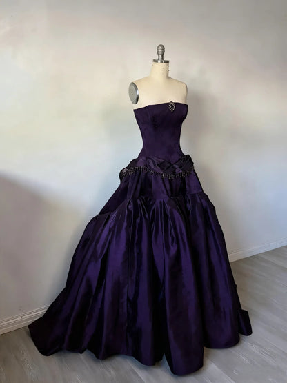 Glamorous Strapless Corset Bustle Satin A-Line Wedding Gown with Beading