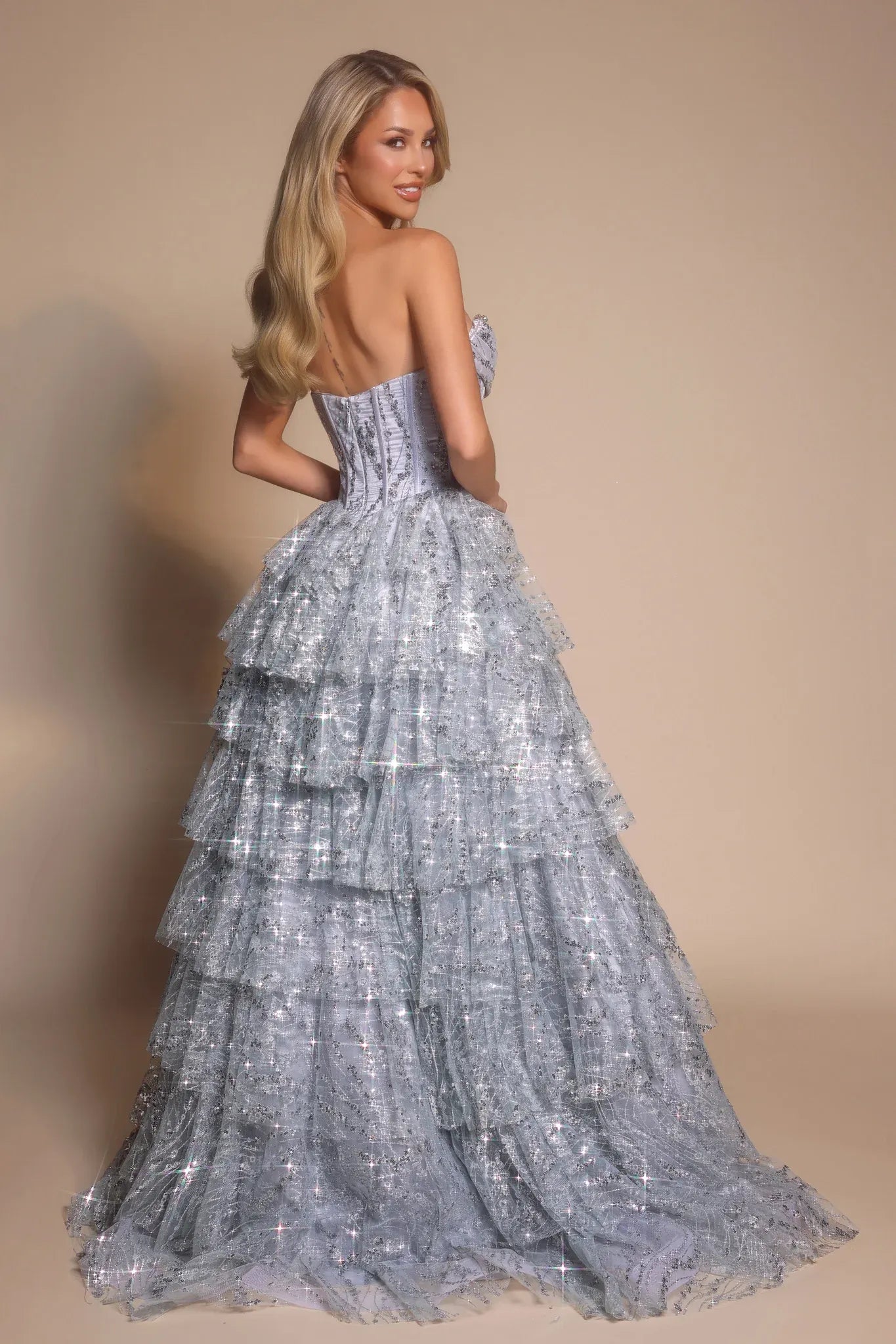 Glamorous Strapless Corset Glitter Ruffle A-Line Maxi Dress