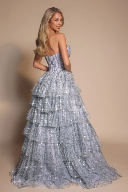 Glamorous Strapless Corset Glitter Ruffle A-Line Maxi Dress