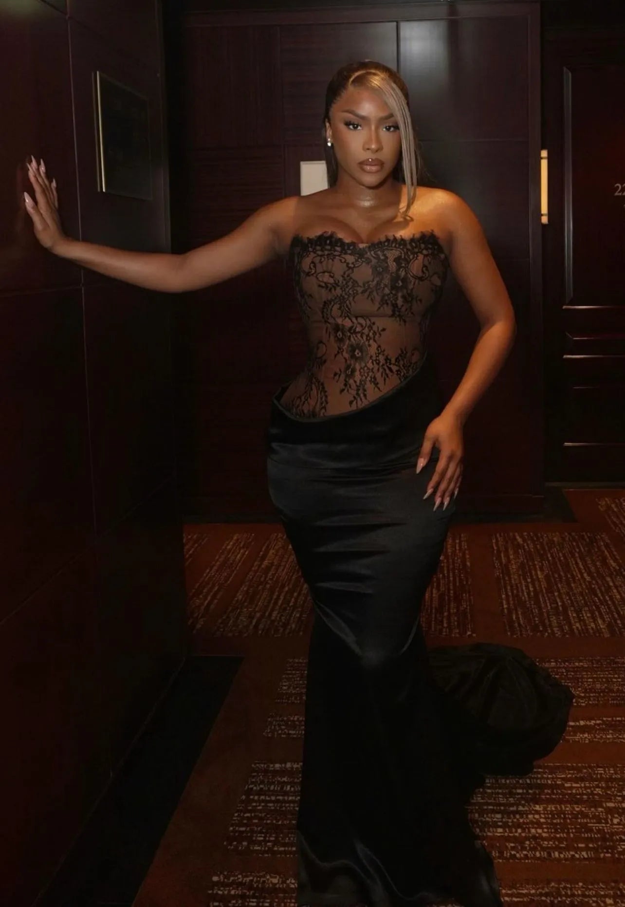 Glamorous Strapless Lace Satin Mermaid Maxi Dress with Train