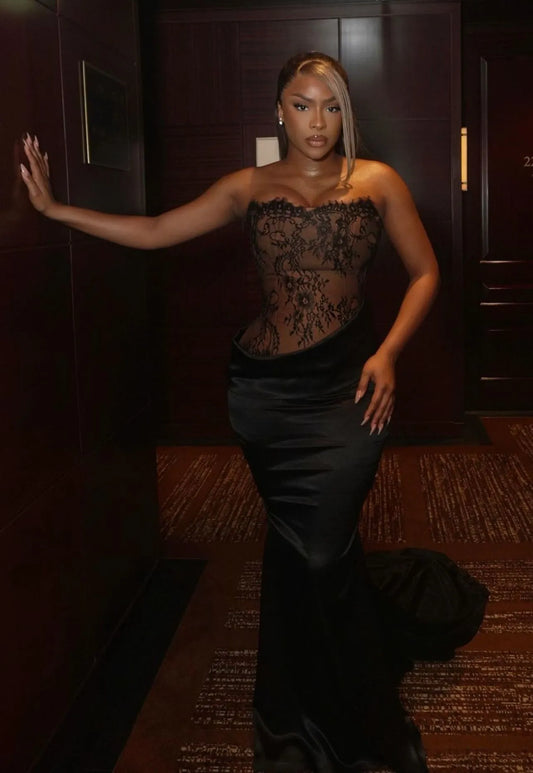 Glamorous Strapless Lace Satin Mermaid Maxi Dress with Train