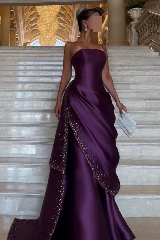 Glamorous Strapless Lace-Up Back Beaded Satin A-Line Maxi Dress with Train