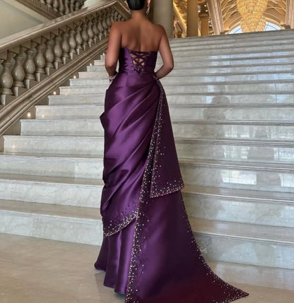 Glamorous Strapless Lace-Up Back Beaded Satin A-Line Maxi Dress with Train