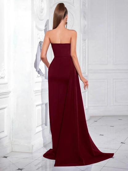 Glamorous Strapless Rhinestone-Embellished Satin Side-Slit Train Maxi Evening Dress