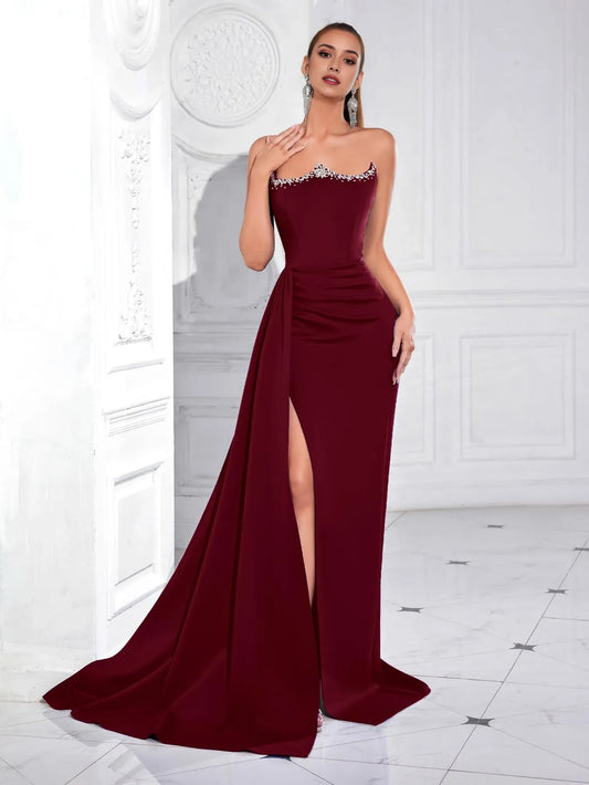 Glamorous Strapless Rhinestone-Embellished Satin Side-Slit Train Maxi Evening Dress