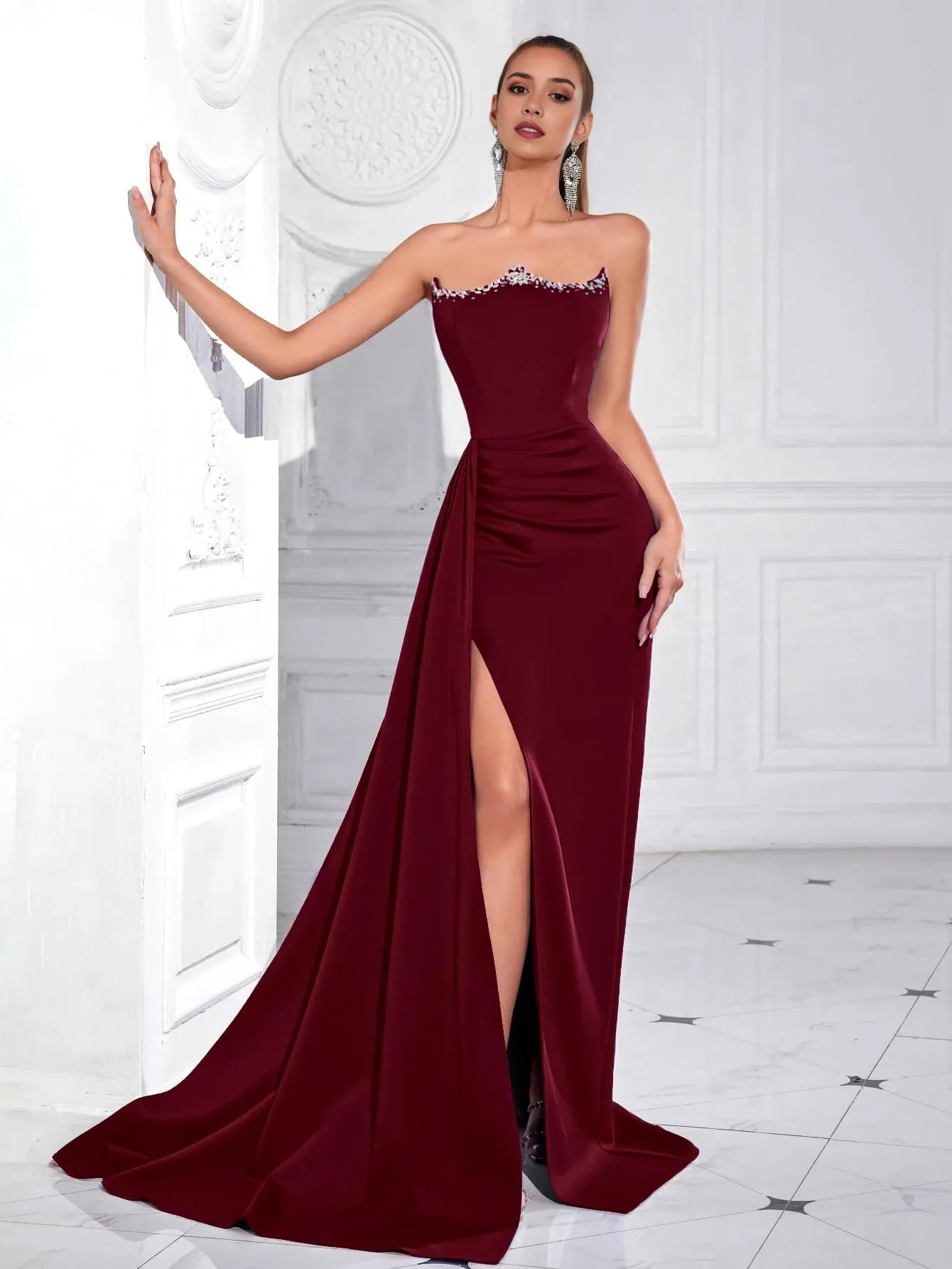 Glamorous Strapless Rhinestone-Embellished Satin Side-Slit Train Maxi Evening Dress