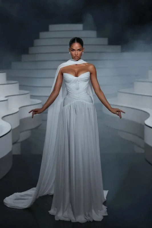 Glamorous Strapless Ruched Chiffon Cape Train Maxi Dress