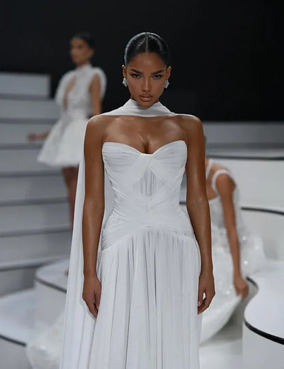 Glamorous Strapless Ruched Chiffon Cape Train Maxi Dress