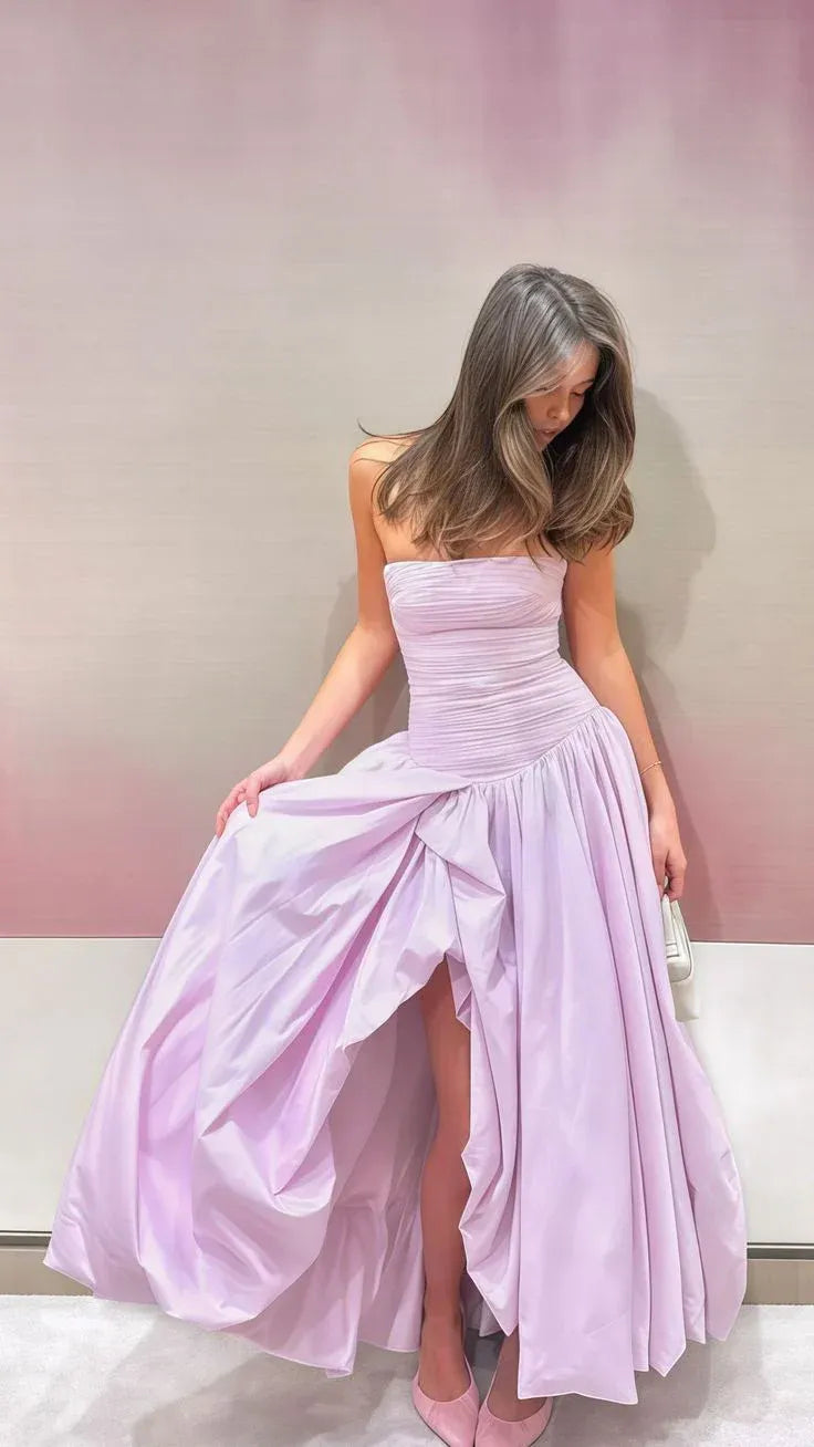 Glamorous Strapless Ruched Draped High Slit A-Line Maxi Dress