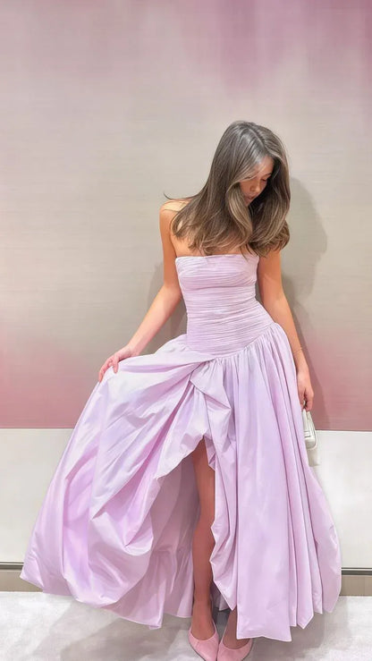 Glamorous Strapless Ruched Draped High Slit A-Line Maxi Dress