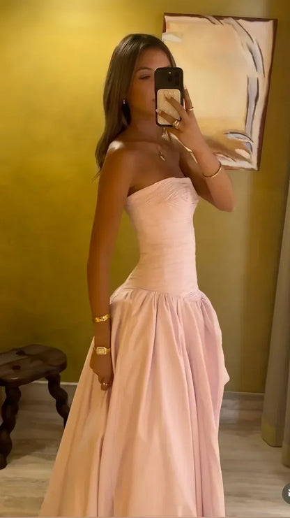 Glamorous Strapless Ruched Draped High Slit A-Line Maxi Dress