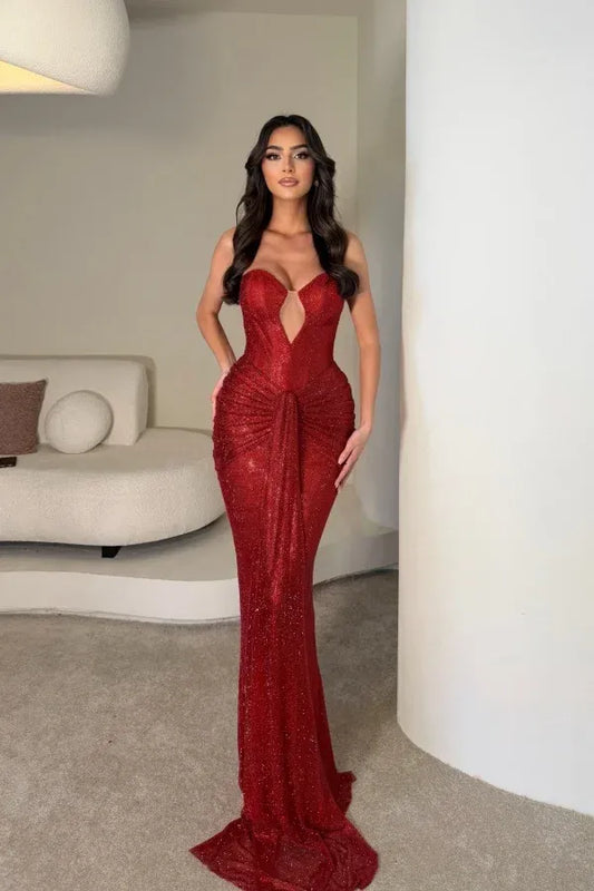 Glamorous Strapless Ruched Glitter Mermaid Maxi Dress with Train