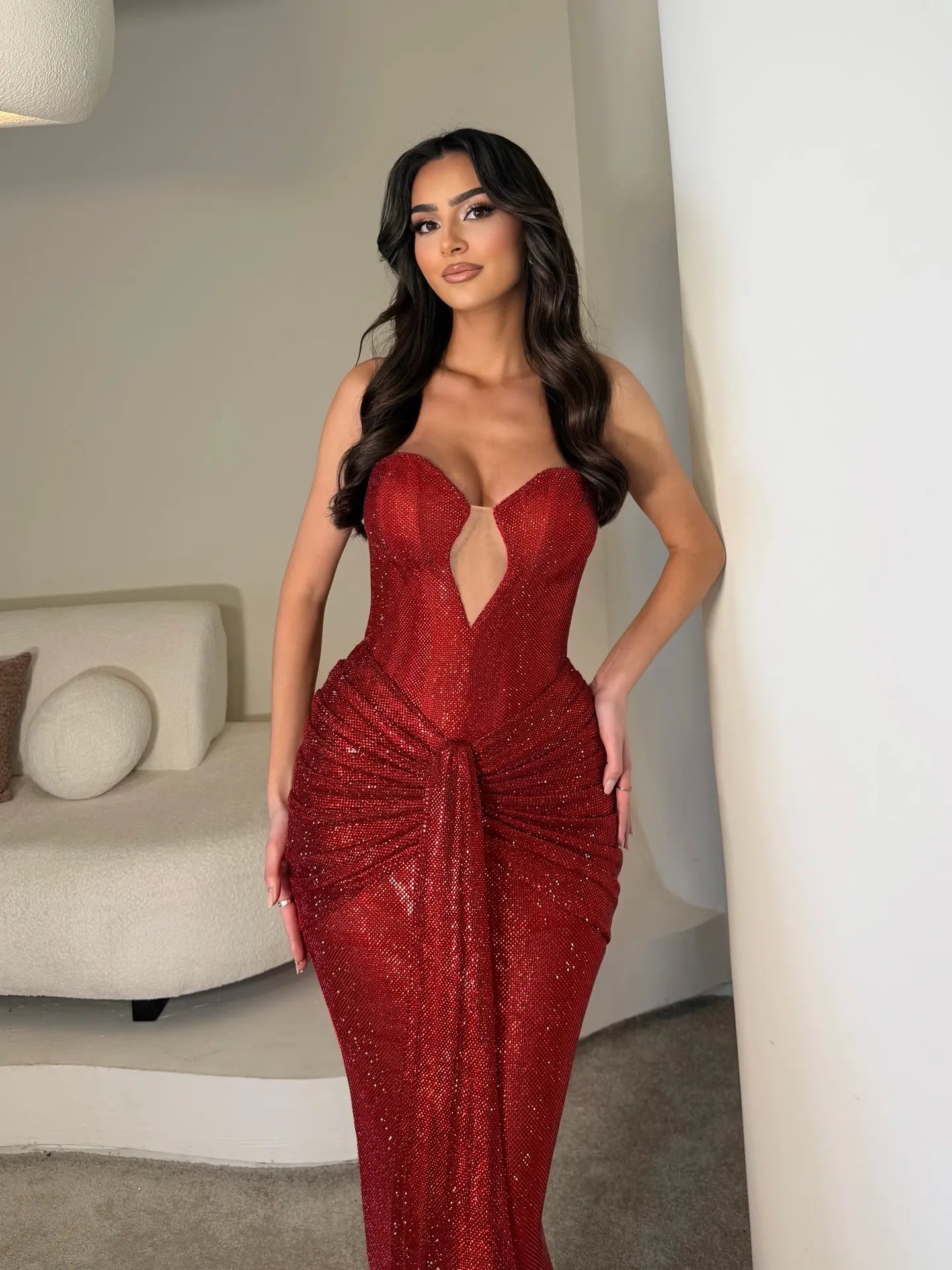 Glamorous Strapless Ruched Glitter Mermaid Maxi Dress with Train