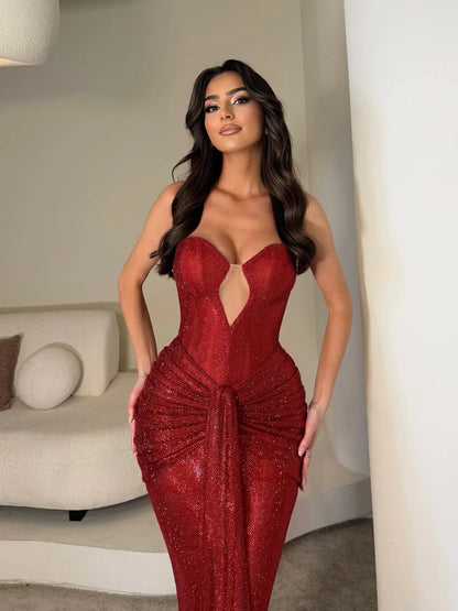 Glamorous Strapless Ruched Glitter Mermaid Maxi Dress with Train