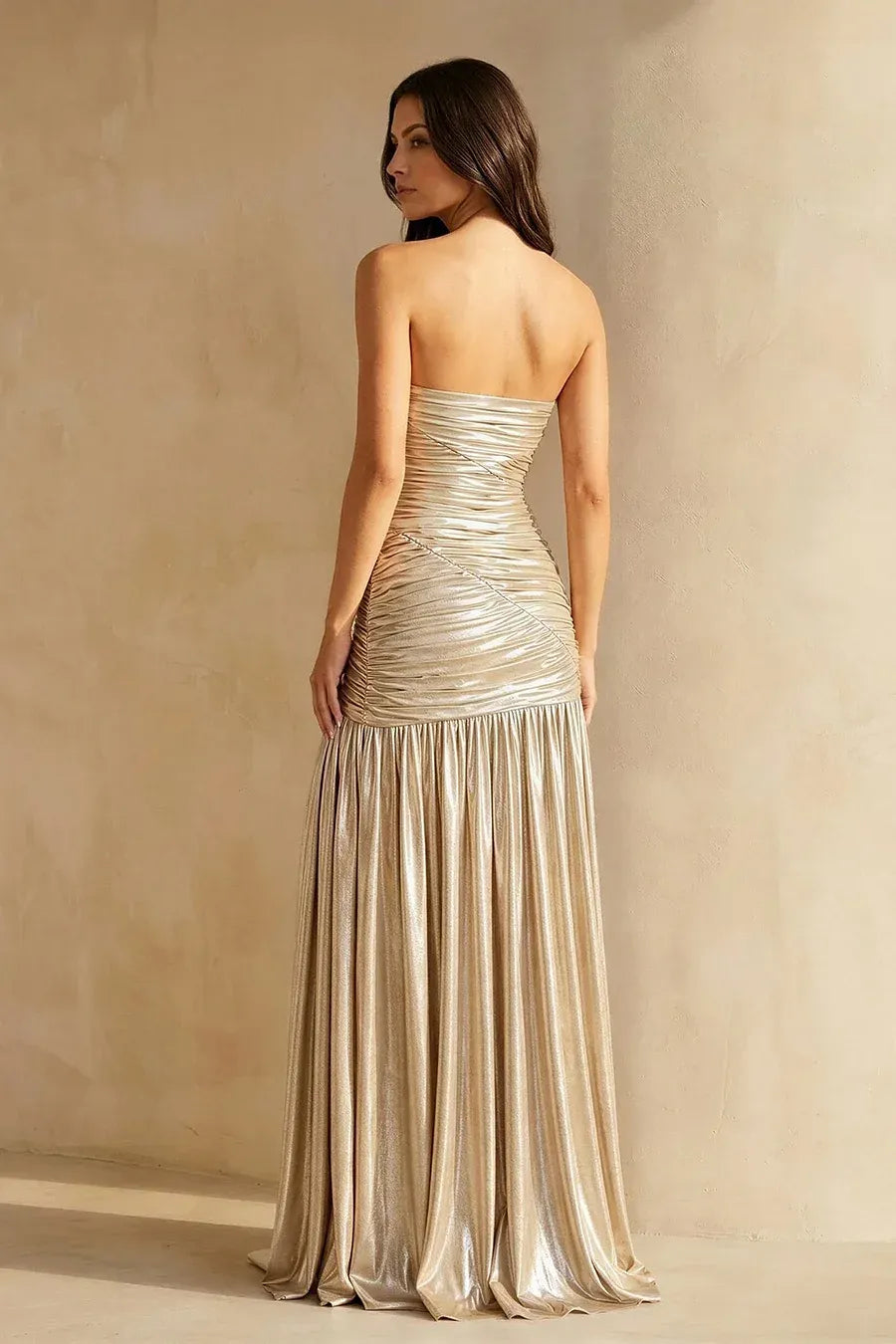 Glamorous Strapless Ruched Metallic Split Maxi Dress