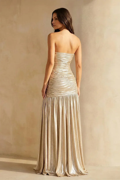 Glamorous Strapless Ruched Metallic Split Maxi Dress