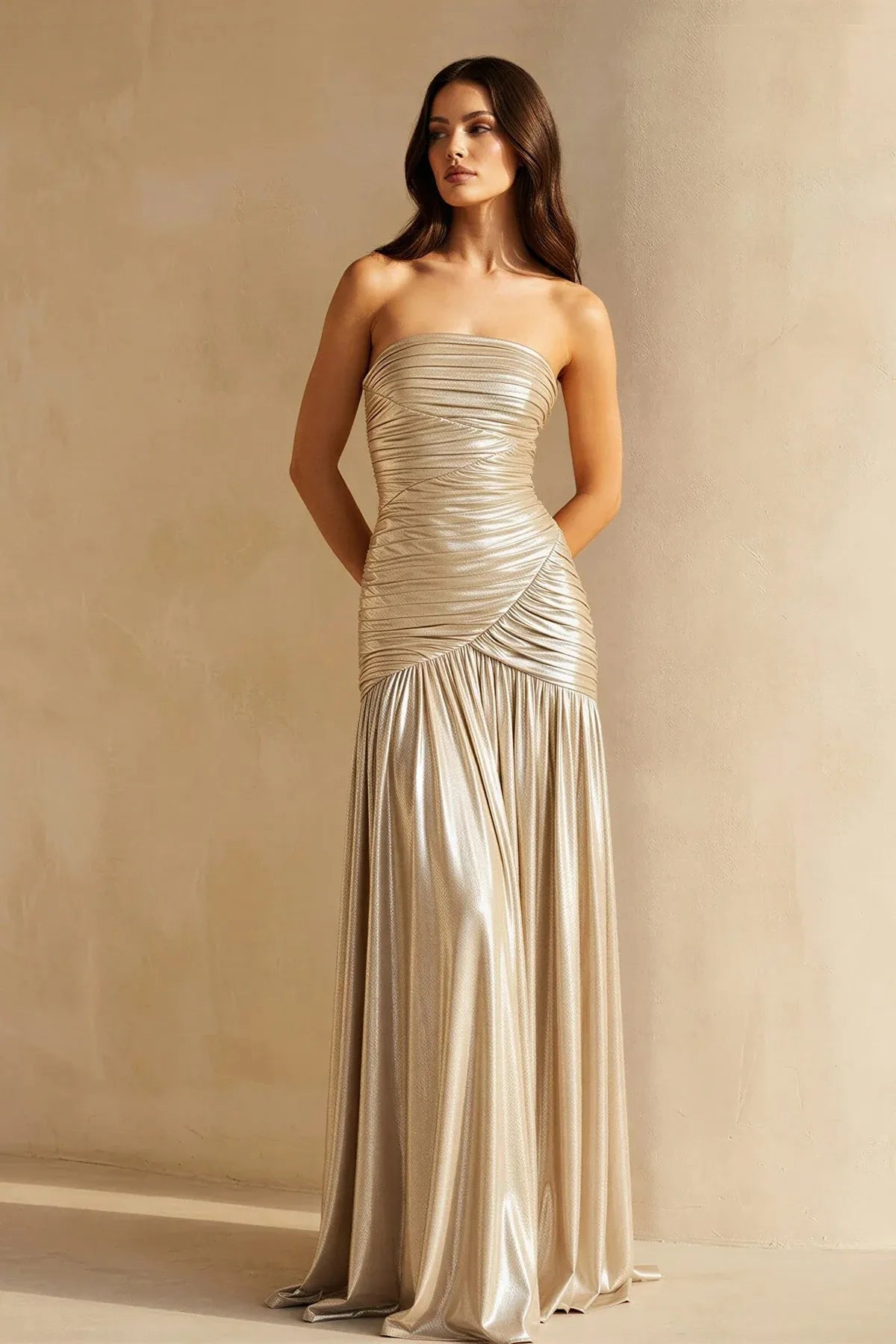 Glamorous Strapless Ruched Metallic Split Maxi Dress