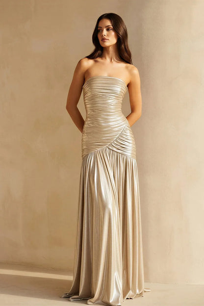 Glamorous Strapless Ruched Metallic Split Maxi Dress