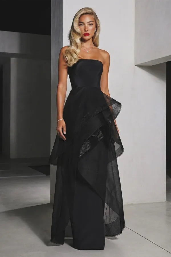 Glamorous Strapless Satin Organza Ruffle Tiered Maxi Dress