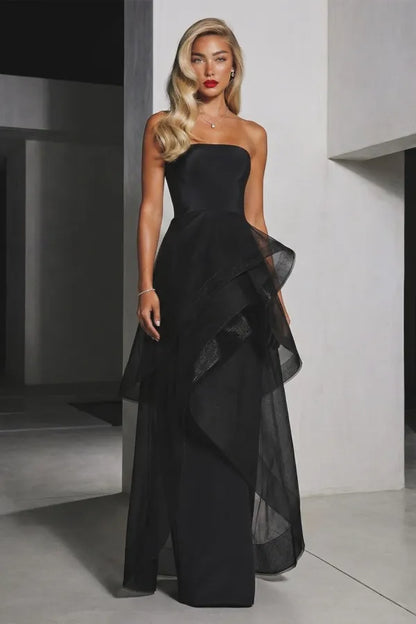 Glamorous Strapless Satin Organza Ruffle Tiered Maxi Dress