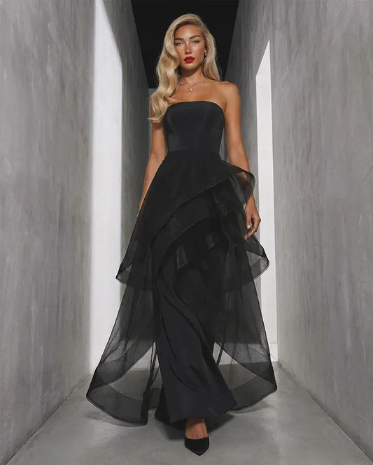 Glamorous Strapless Satin Organza Ruffle Tiered Maxi Dress