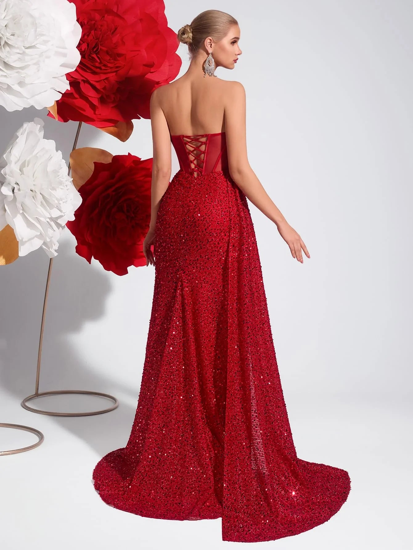 Glamorous Strapless Sequin-Embellished Mesh Corset Side-Slit Train Maxi Evening Dress