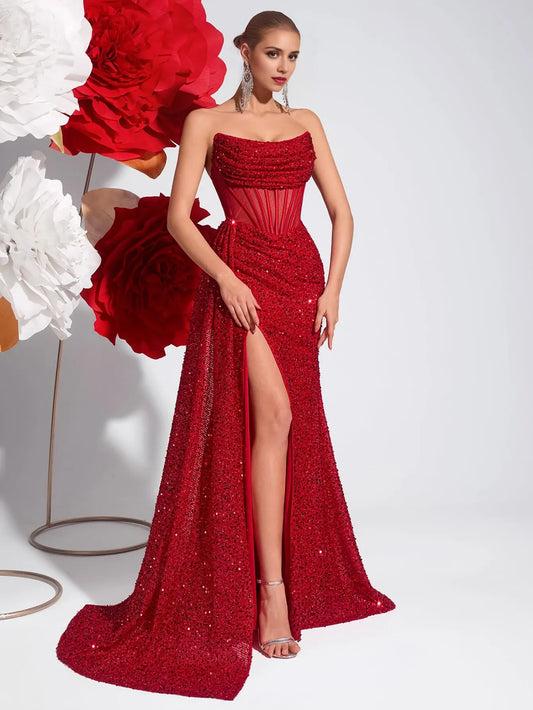 Glamorous Strapless Sequin-Embellished Mesh Corset Side-Slit Train Maxi Evening Dress