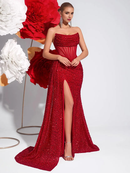 Glamorous Strapless Sequin-Embellished Mesh Corset Side-Slit Train Maxi Evening Dress