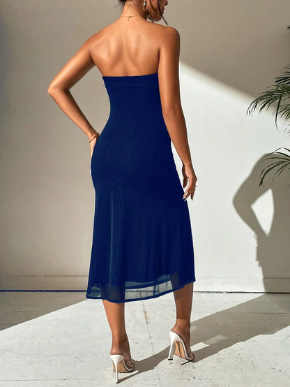 Glamorous Strapless Sheer Hem Mermaid Open Back Midi Evening Dress