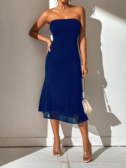 Glamorous Strapless Sheer Hem Mermaid Open Back Midi Evening Dress