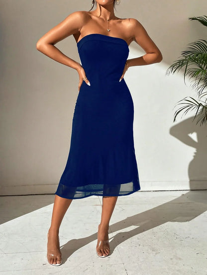 Glamorous Strapless Sheer Hem Mermaid Open Back Midi Evening Dress