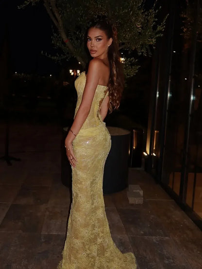 Glamorous Strapless Sweetheart Lace Applique Open Back Mermaid Maxi Dress with Train