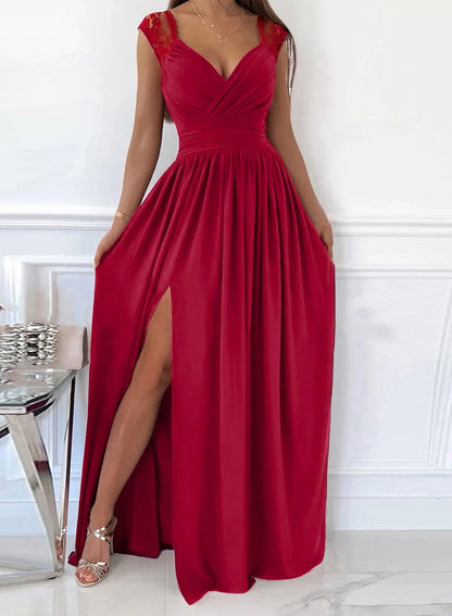 Glamorous Sweetheart Neck Lace Cap Sleeve Ruched High-Slit Maxi Evening Dress