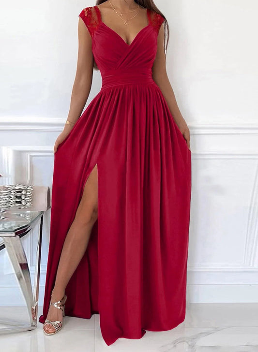 Glamorous Sweetheart Neck Lace Cap Sleeve Ruched High-Slit Maxi Evening Dress
