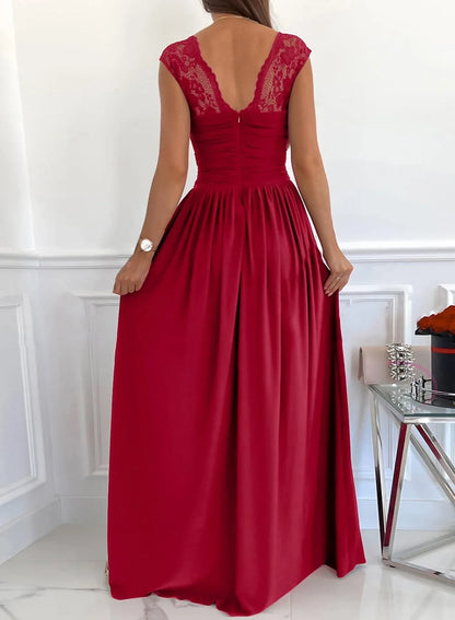 Glamorous Sweetheart Neck Lace Cap Sleeve Ruched High-Slit Maxi Evening Dress