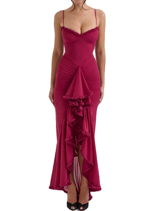 Glamorous Sweetheart Neck Spaghetti Strap Ruched Ruffle-Trimmed High-Low Mermaid Evening Dress